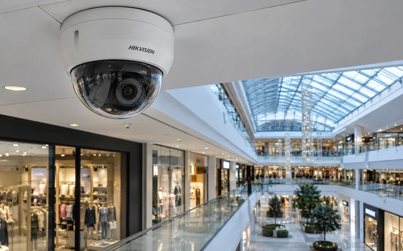 Купольная видеокамера Hikvision на потолке торгового центра
