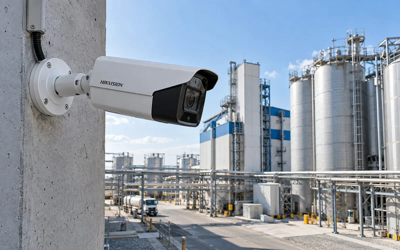 Видеокамера Hikvision на фасаде производственного здания, обзор прилегающей территории
