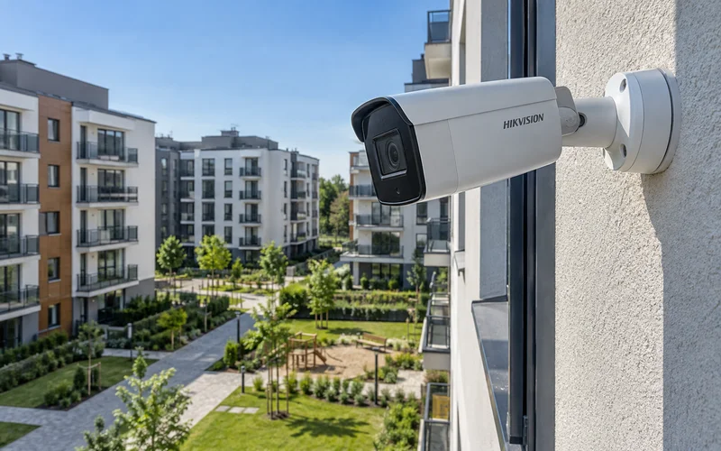 Видеокамера Hikvision на фасаде жилого дома, обзор дворовой территории