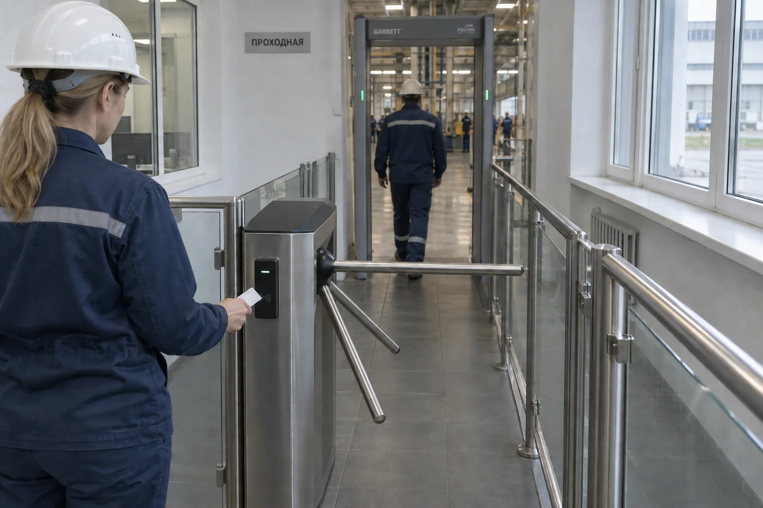 Сотрудница предъявляет карту считывателю турникета-трипода; на заднем плане — проход через металлодетектор